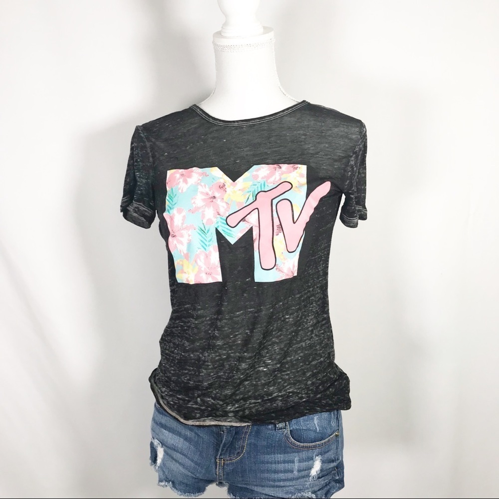 MTV Black Gray crewneck T-shirt Tee Vintage Look Floral  XS